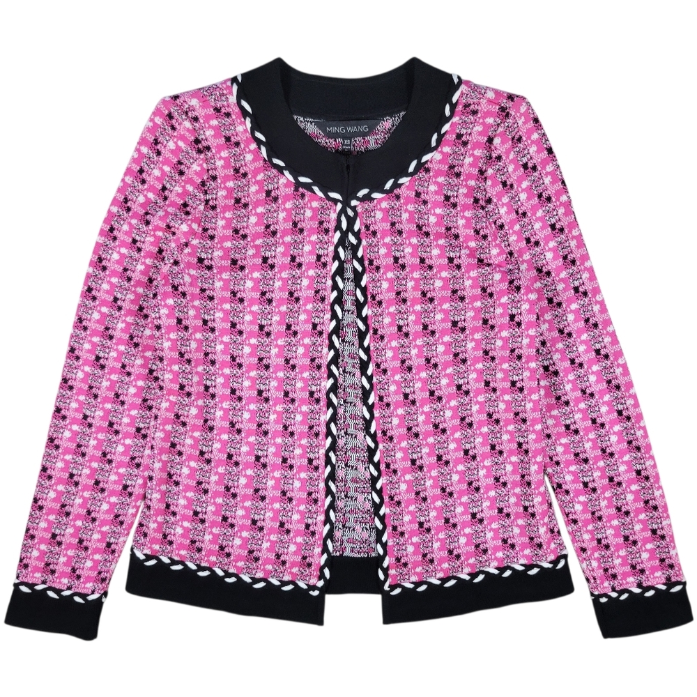 Ming Wang Knit Open Jacket Cardigan Womens XS Pink Black‎ Business Career Office